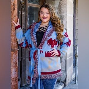 L&B Aztec blue & maroon belted sweater
